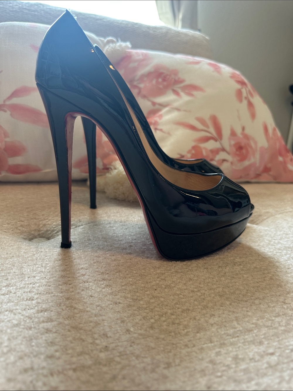 Christian Louboutin Black Patent Peep-Toe Platform Stiletto